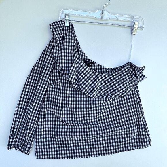 J Crew Blue & White Gingham One Sleeve Asymmetric Ruffle - SZ 4 - Picture 8 of 12